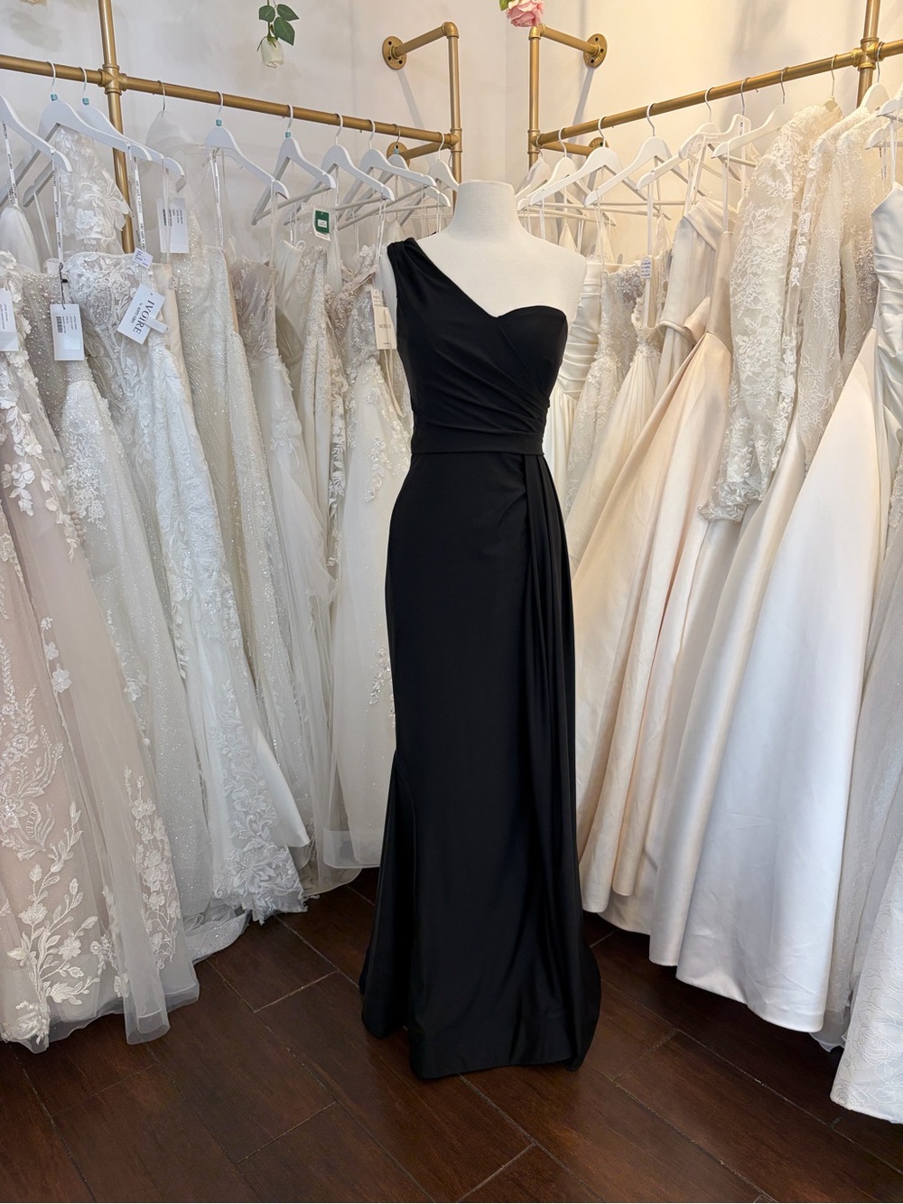 Bari Jay Black One-Shoulder Evening Gown